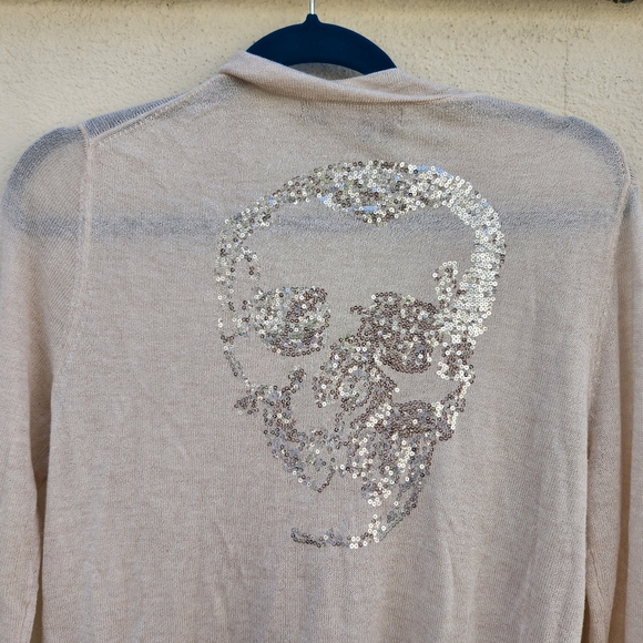 360SWEATER Sequin Skull Cardigan Cream Silver V neck Long Sleeve Women Size M - Picture 6 of 9
